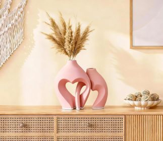 Pink Heart Shaped Ceramic Vases Set of 2, Modern Nordic Minimalist Flower Vases for Home Decor, Hollow Aesthetic Vases for Living Room, Shelf, Ta