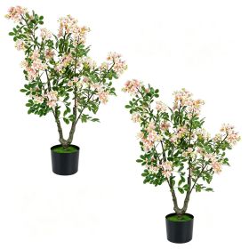 2 Pack 36" Artificial Impatiens Blossom Tree, Silk Fake Potted Flower Tree with Cement Base, Lifelike Faux Floral Plant for Home Porch Office Dec